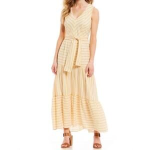 CREMIEUX Dress Tiered Maxi Sundress V Neck Linen Cotton Yellow Ivory Sz 14